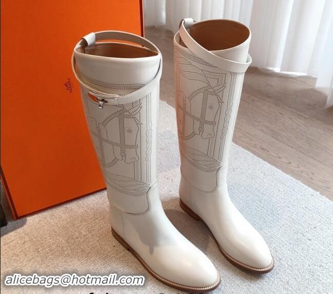 Most Popular Hermes Jumping High Flat Boots in Logo Perforated Calfskin with Kelly Buckle White 0907009