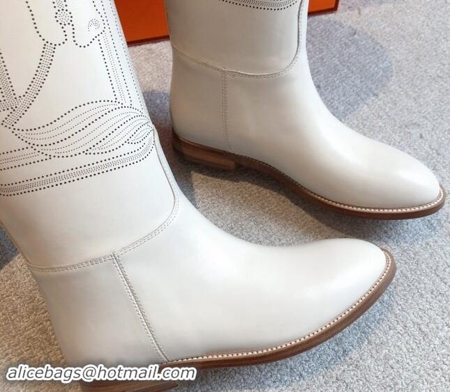 Most Popular Hermes Jumping High Flat Boots in Logo Perforated Calfskin with Kelly Buckle White 0907009