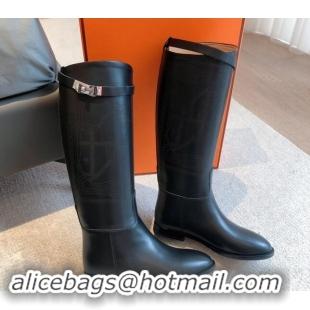 Luxurious Hermes Jumping High Flat Boots in Logo Perforated Calfskin with Kelly Buckle Black 0907010