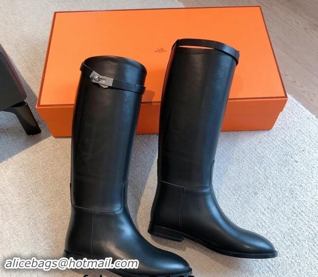 Luxurious Hermes Jumping High Flat Boots in Logo Perforated Calfskin with Kelly Buckle Black 0907010