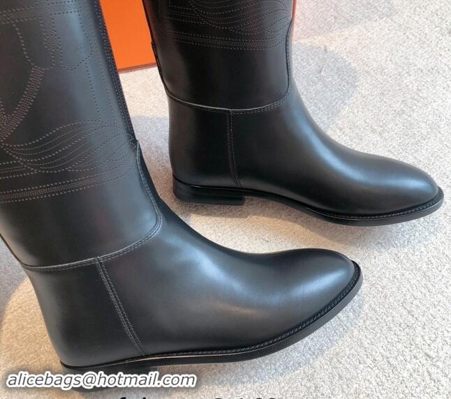 Luxurious Hermes Jumping High Flat Boots in Logo Perforated Calfskin with Kelly Buckle Black 0907010