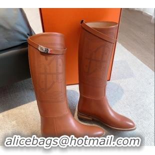 Stylish Hermes Jumping High Flat Boots in Logo Perforated Calfskin with Kelly Buckle Brown 0907011