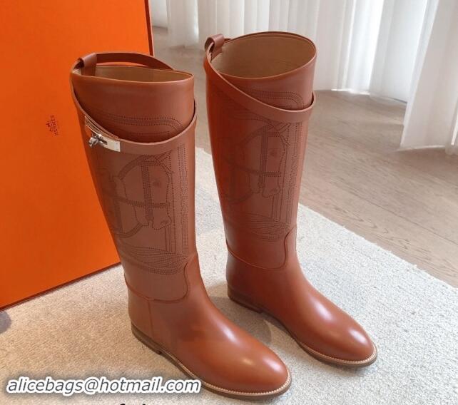 Stylish Hermes Jumping High Flat Boots in Logo Perforated Calfskin with Kelly Buckle Brown 0907011