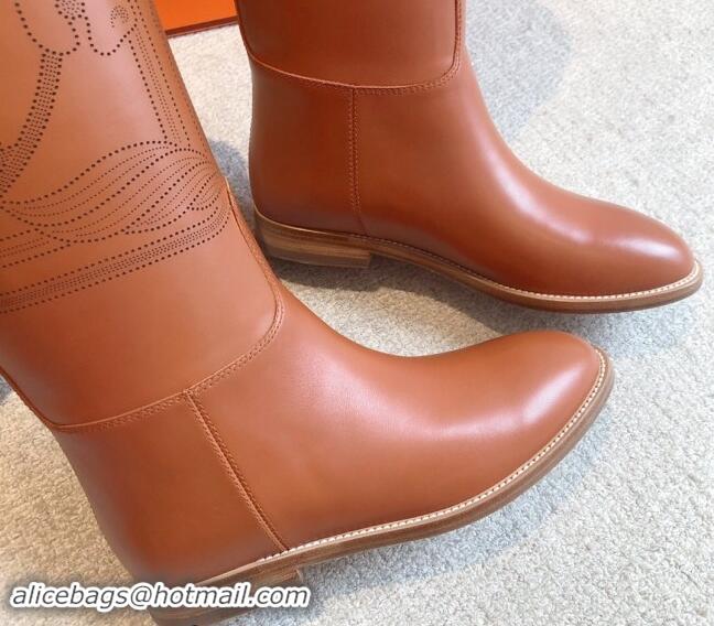 Stylish Hermes Jumping High Flat Boots in Logo Perforated Calfskin with Kelly Buckle Brown 0907011