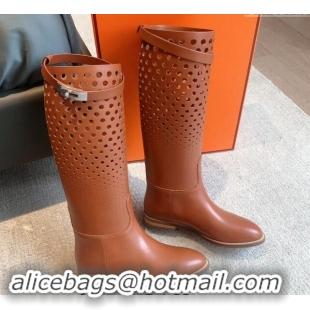 Good Looking Hermes Jumping High Flat Boots in Perforated Calfskin with Kelly Buckle Brown 907012