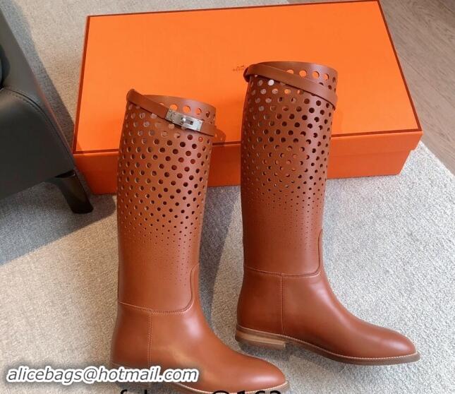 Good Looking Hermes Jumping High Flat Boots in Perforated Calfskin with Kelly Buckle Brown 907012