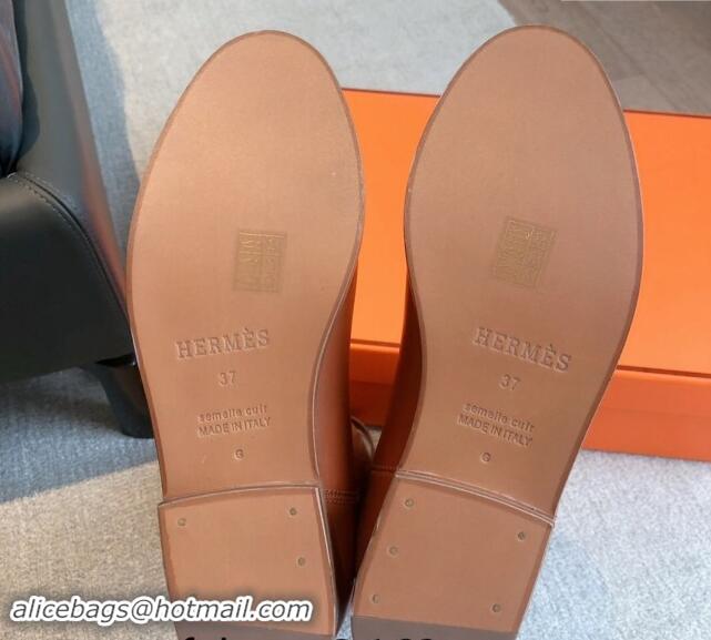 Good Looking Hermes Jumping High Flat Boots in Perforated Calfskin with Kelly Buckle Brown 907012