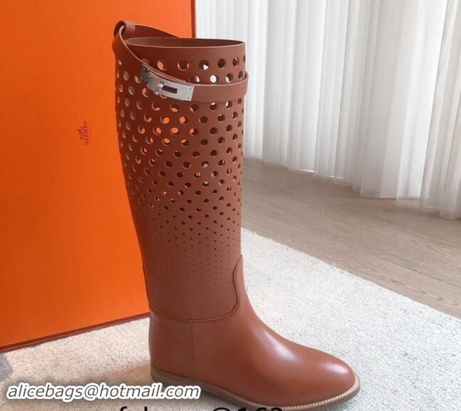 Good Looking Hermes Jumping High Flat Boots in Perforated Calfskin with Kelly Buckle Brown 907012