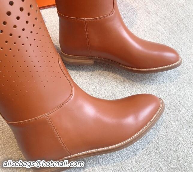 Good Looking Hermes Jumping High Flat Boots in Perforated Calfskin with Kelly Buckle Brown 907012