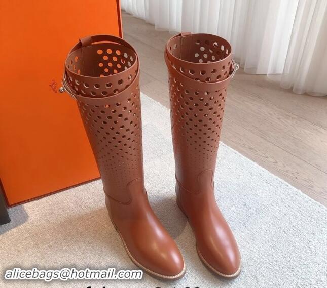 Good Looking Hermes Jumping High Flat Boots in Perforated Calfskin with Kelly Buckle Brown 907012