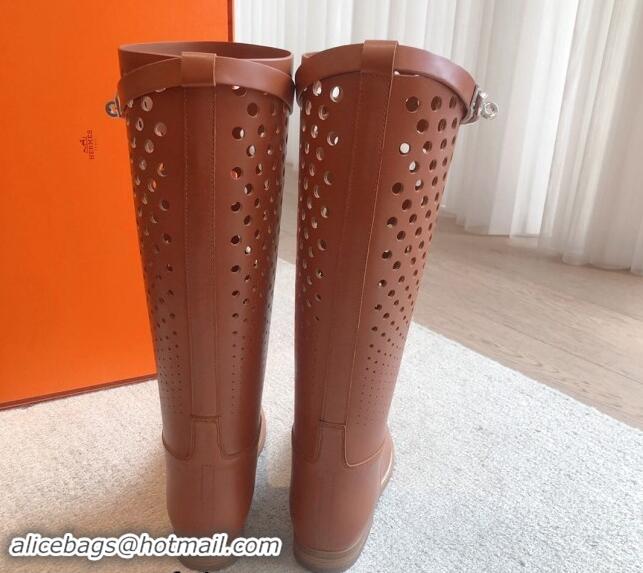 Good Looking Hermes Jumping High Flat Boots in Perforated Calfskin with Kelly Buckle Brown 907012