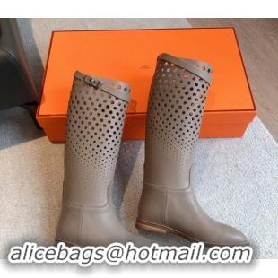 Discount Fashion Hermes Jumping High Flat Boots in Perforated Calfskin with Kelly Buckle Dark Grey 907013