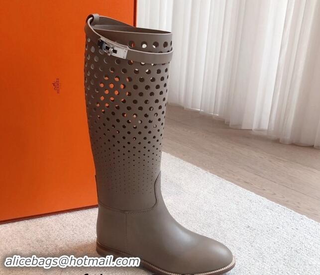 Discount Fashion Hermes Jumping High Flat Boots in Perforated Calfskin with Kelly Buckle Dark Grey 907013