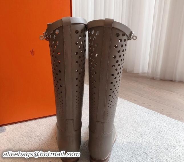 Discount Fashion Hermes Jumping High Flat Boots in Perforated Calfskin with Kelly Buckle Dark Grey 907013