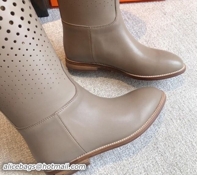 Discount Fashion Hermes Jumping High Flat Boots in Perforated Calfskin with Kelly Buckle Dark Grey 907013