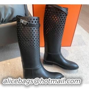 Pretty Style Hermes Jumping High Flat Boots in Perforated Calfskin with Kelly Buckle Black 907014