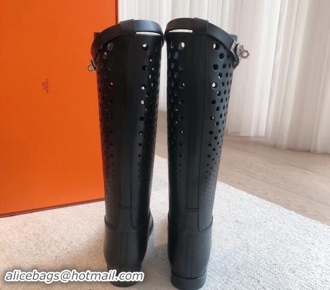 Pretty Style Hermes Jumping High Flat Boots in Perforated Calfskin with Kelly Buckle Black 907014