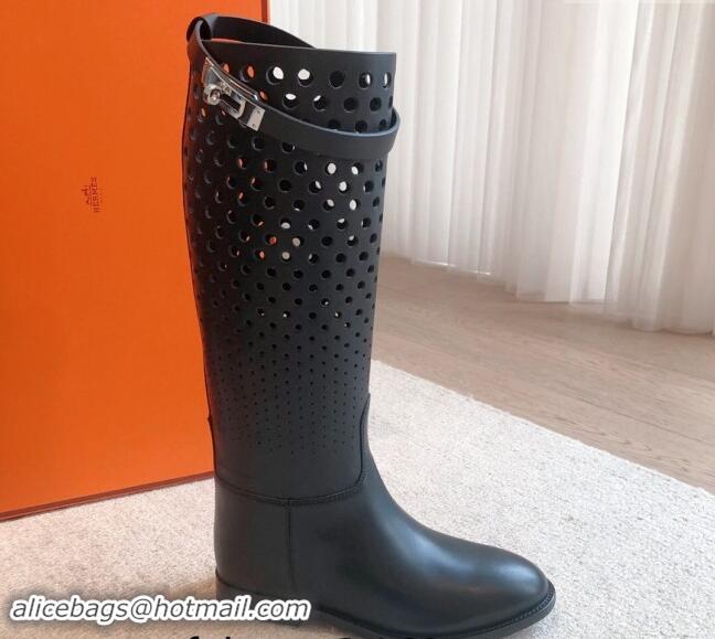 Pretty Style Hermes Jumping High Flat Boots in Perforated Calfskin with Kelly Buckle Black 907014