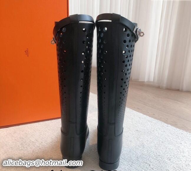 Pretty Style Hermes Jumping High Flat Boots in Perforated Calfskin with Kelly Buckle Black 907014