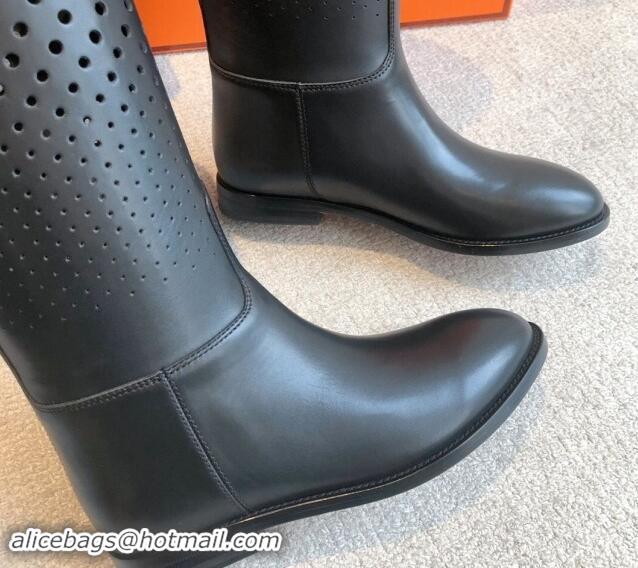 Pretty Style Hermes Jumping High Flat Boots in Perforated Calfskin with Kelly Buckle Black 907014