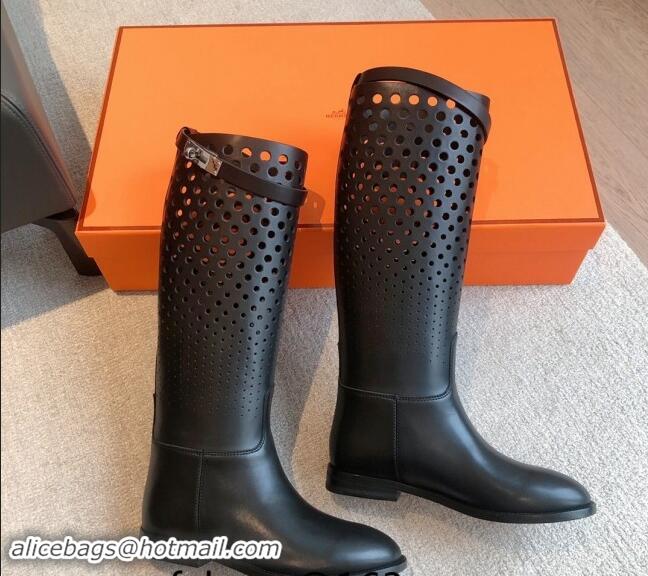 Pretty Style Hermes Jumping High Flat Boots in Perforated Calfskin with Kelly Buckle Black 907014