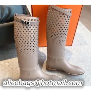 Unique Style Hermes Jumping High Flat Boots in Perforated Calfskin with Kelly Buckle Grey 907015