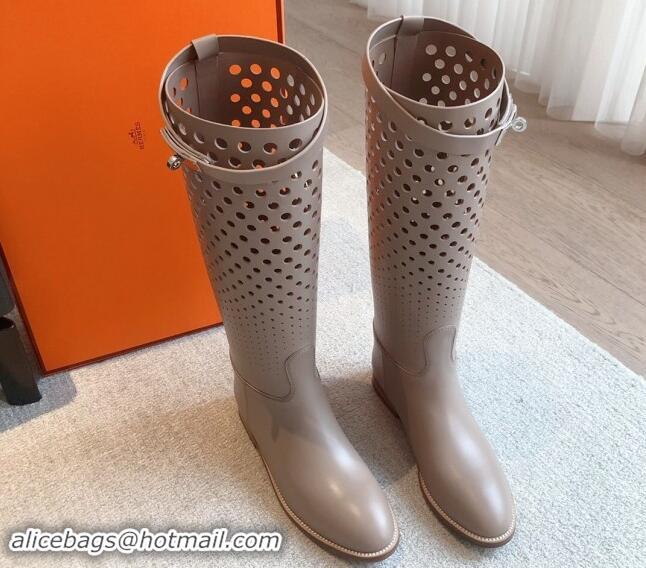 Unique Style Hermes Jumping High Flat Boots in Perforated Calfskin with Kelly Buckle Grey 907015