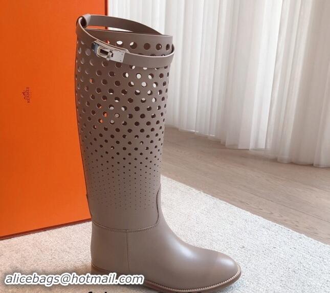 Unique Style Hermes Jumping High Flat Boots in Perforated Calfskin with Kelly Buckle Grey 907015