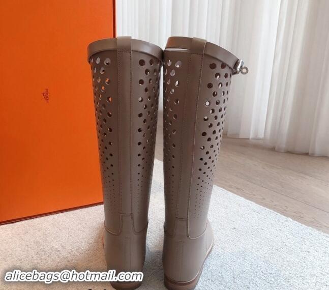 Unique Style Hermes Jumping High Flat Boots in Perforated Calfskin with Kelly Buckle Grey 907015