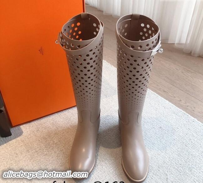 Unique Style Hermes Jumping High Flat Boots in Perforated Calfskin with Kelly Buckle Grey 907015