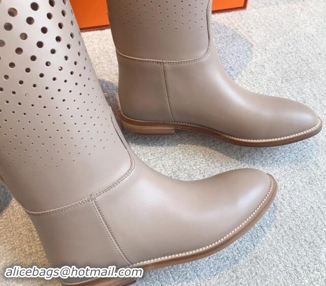 Unique Style Hermes Jumping High Flat Boots in Perforated Calfskin with Kelly Buckle Grey 907015