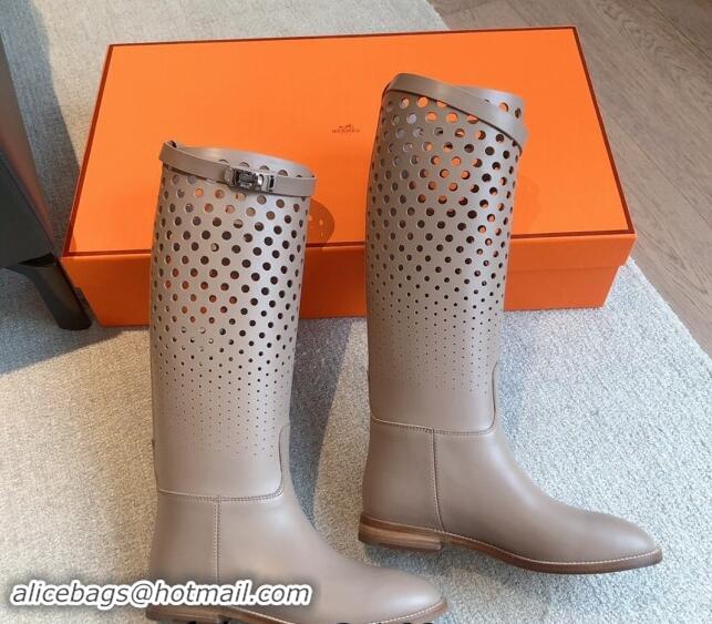 Unique Style Hermes Jumping High Flat Boots in Perforated Calfskin with Kelly Buckle Grey 907015