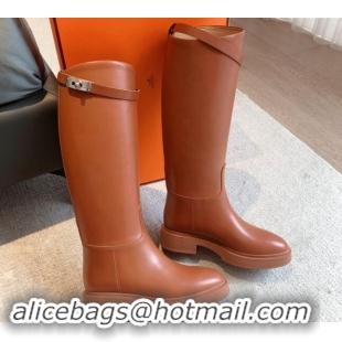 Luxury Hermes Jumping High Platform Boots in Calfskin with Kelly Buckle Brown 907017