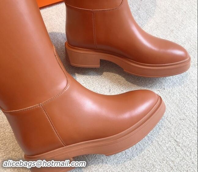 Luxury Hermes Jumping High Platform Boots in Calfskin with Kelly Buckle Brown 907017