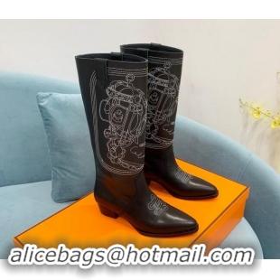  Low Cost Hermes Embroidered Black Calfskin High Boots 907018