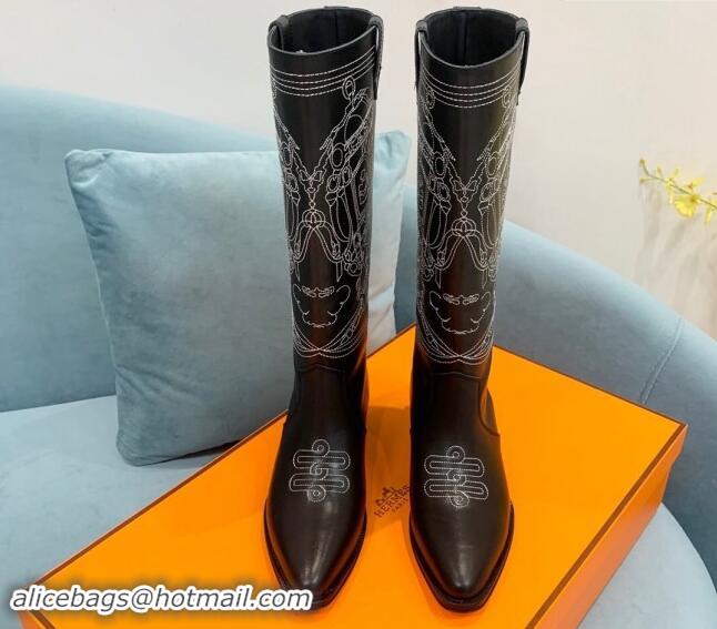  Low Cost Hermes Embroidered Black Calfskin High Boots 907018