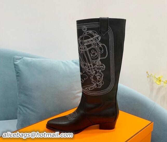  Low Cost Hermes Embroidered Black Calfskin High Boots 907018