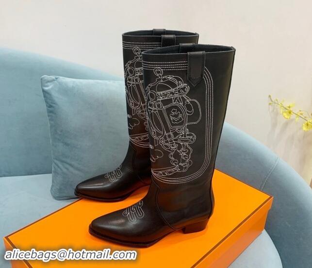  Low Cost Hermes Embroidered Black Calfskin High Boots 907018