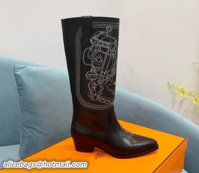  Low Cost Hermes Embroidered Black Calfskin High Boots 907018