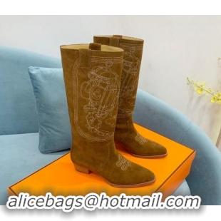 Top Design Hermes Embroidered Suede High Boots Camel 907019