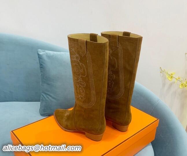 Top Design Hermes Embroidered Suede High Boots Camel 907019