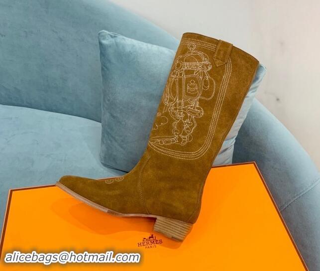 Top Design Hermes Embroidered Suede High Boots Camel 907019