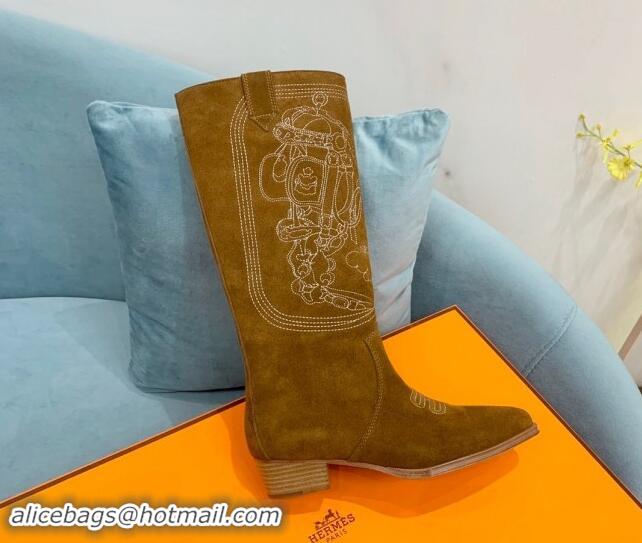 Top Design Hermes Embroidered Suede High Boots Camel 907019