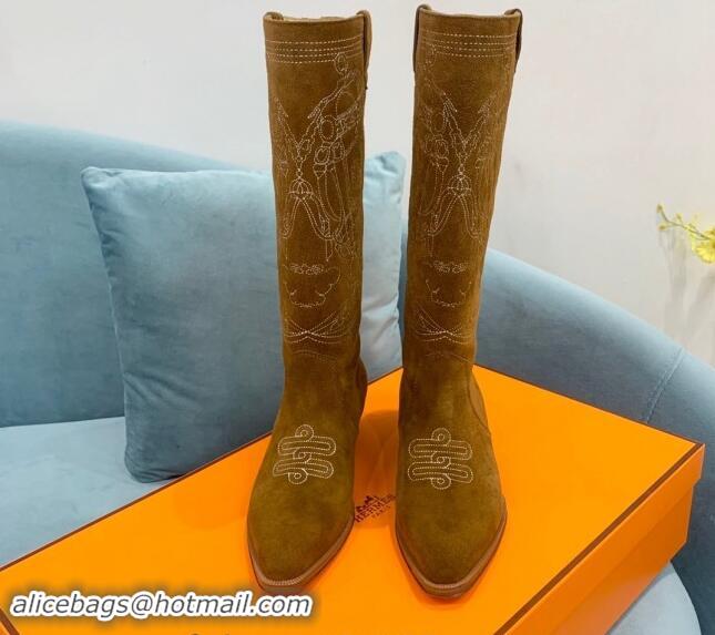 Top Design Hermes Embroidered Suede High Boots Camel 907019