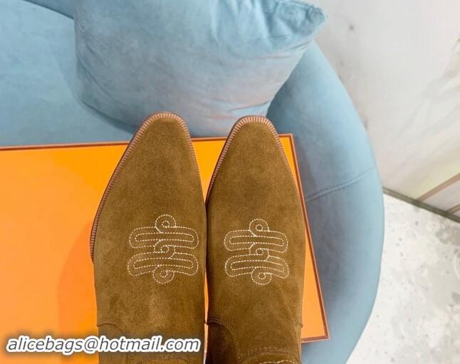 Top Design Hermes Embroidered Suede High Boots Camel 907019