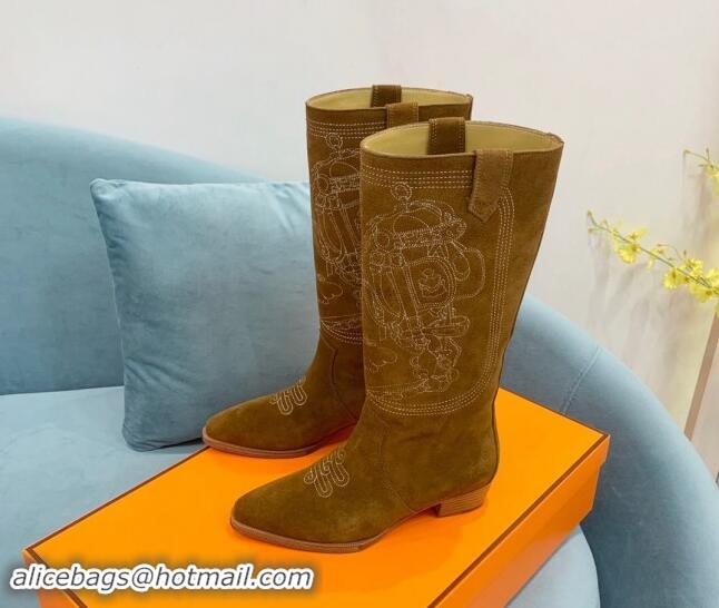 Top Design Hermes Embroidered Suede High Boots Camel 907019