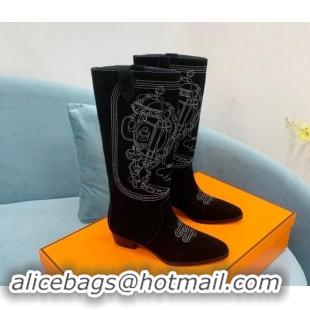 Charming Hermes Embroidered Suede High Boots Black 0907020