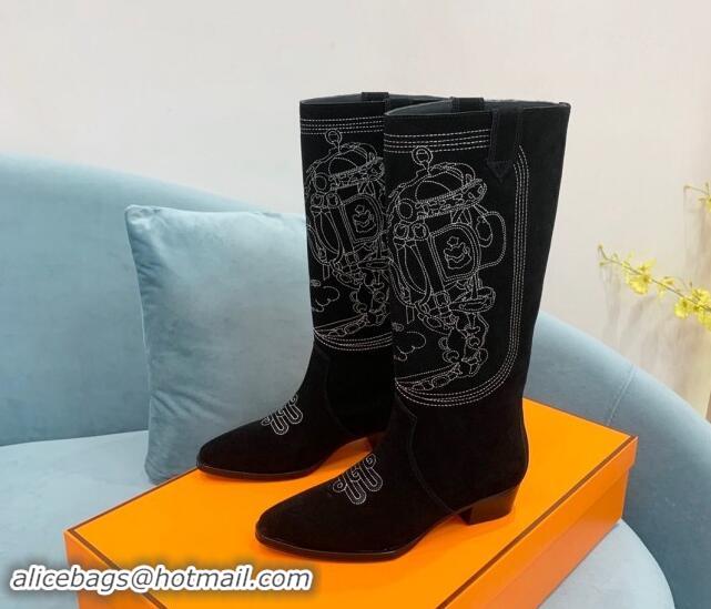 Charming Hermes Embroidered Suede High Boots Black 0907020