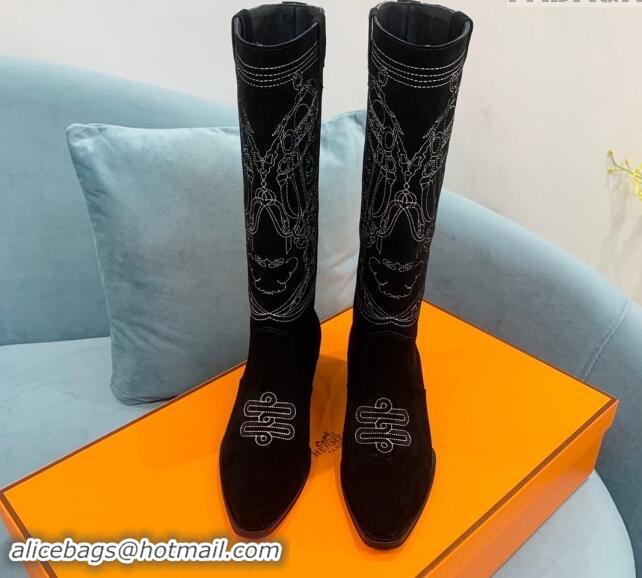 Charming Hermes Embroidered Suede High Boots Black 0907020