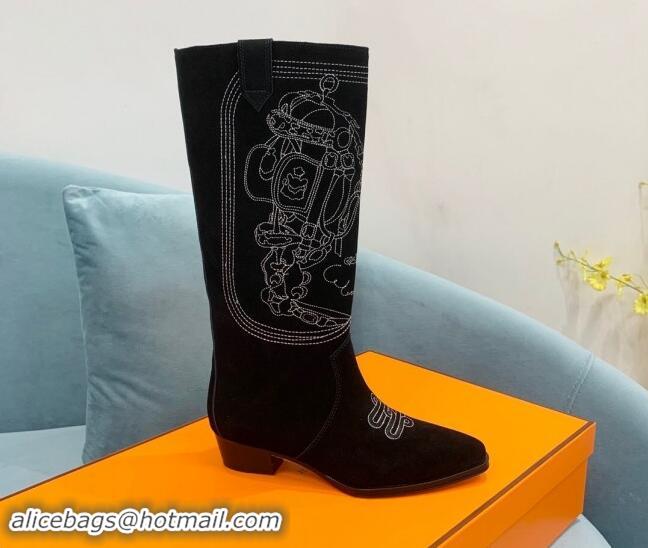 Charming Hermes Embroidered Suede High Boots Black 0907020